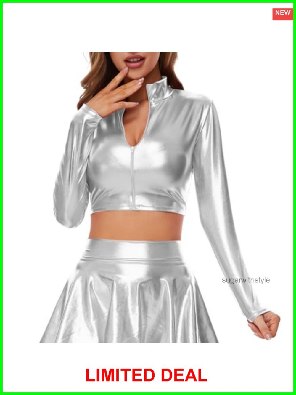 Metallic Crop Top Long Sleeve Mock Neck Zip Up Blouse